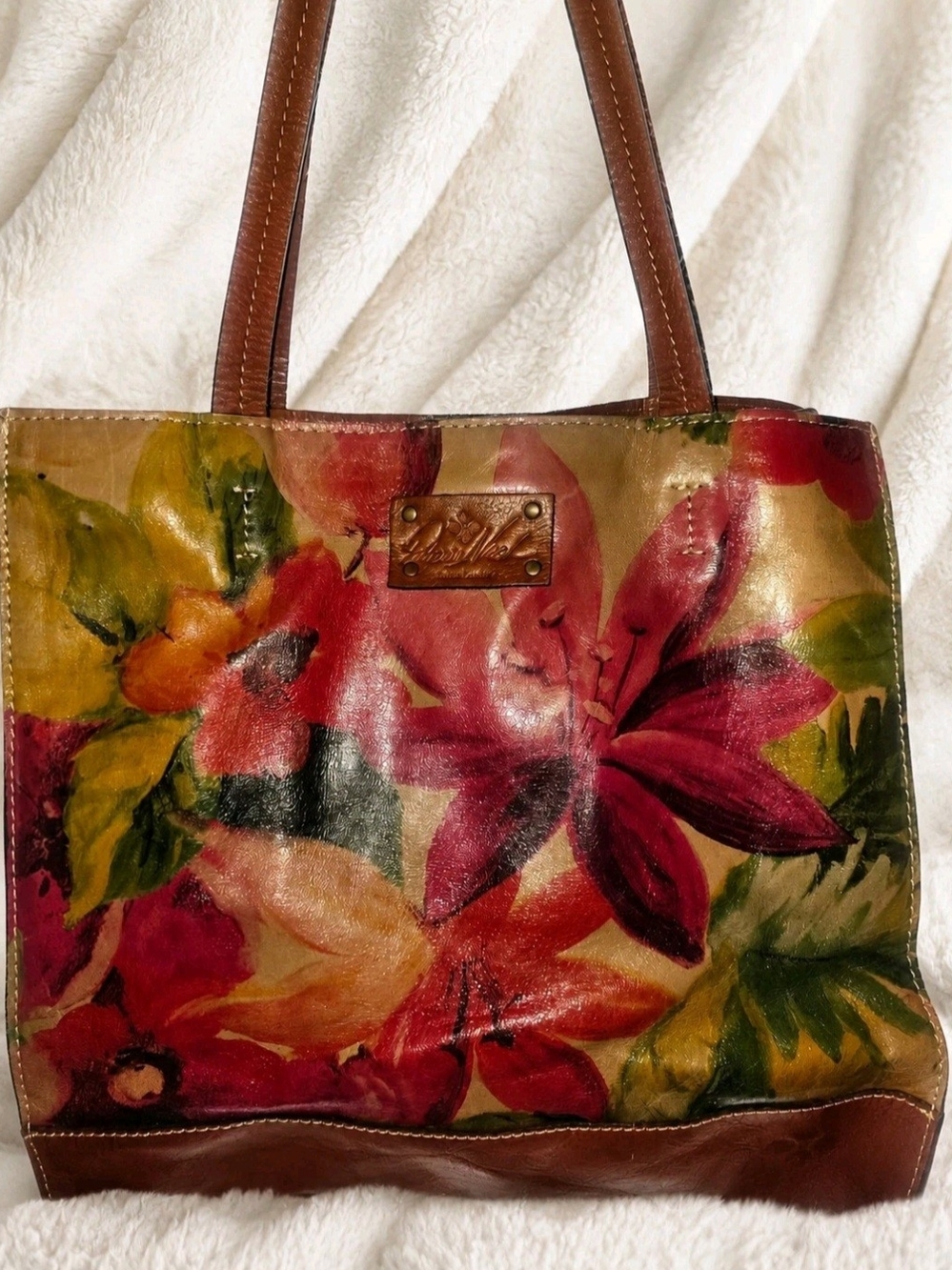 Patricia Nash Painted Floral Leather Tote — Red, Pink, Green, Brown